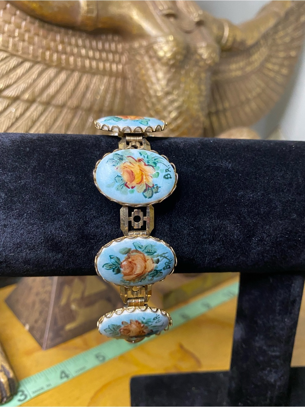 Vintage Hand-Painted Floral Enamel Bracelet in Light Blue and Peach